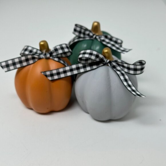 Mini Ceramic Pumpkins Set of 3 Orange Green Gray Hand Tied Bow Fall Decor Autumn - Picture 2 of 8